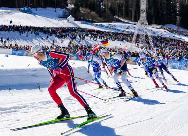 Пас прелази циљну линију заједно са скијашима током тимског спринта на Зимским олимпијским играма Пас прелази циљну линију заједно са скијашима током тимског спринта на Зимским олимпијским играма