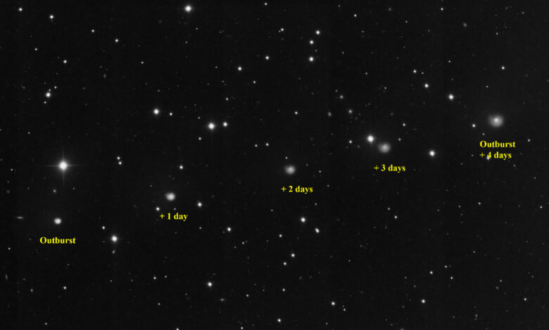 Комета хладног вулкана величине града трансформише се у блиставу ‘пужеву шкољку’ након великог експлозија