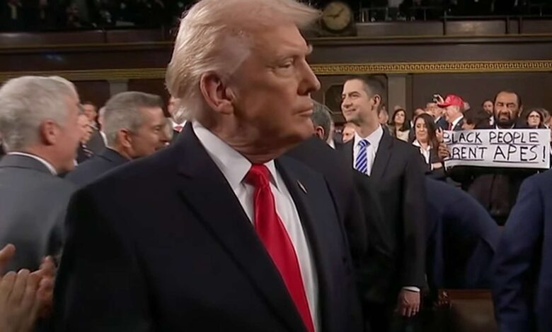 Ал Грин држи натпис „Црнци нису мајмуни“ иза Доналда Трампа на Стате оф тхе Унион