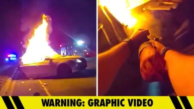 Полицајац извлачи жену из запаљеног возила након крађе аутомобила, на снимку