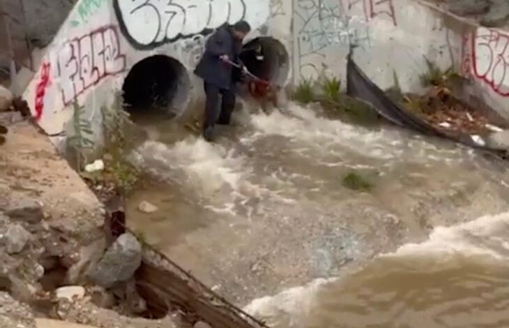 Видео приказује ватрогасце који раде на спасавању пса заглављеног у одводу од атмосферских падавина док су јаке кише ударале у СоЦал