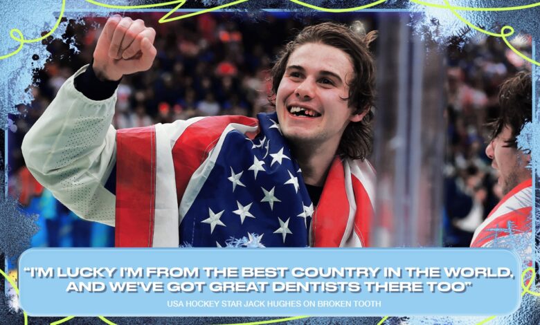 Џек Хјуз се шали о томе да САД имају „сјајне зубаре“ након што су изгубили зубе у игри за златну медаљу на Олимпијским играма Џек Хјуз се шали о томе да САД имају „сјајне зубаре“ након што су изгубили зубе у игри за златну медаљу на Олимпијским играма
